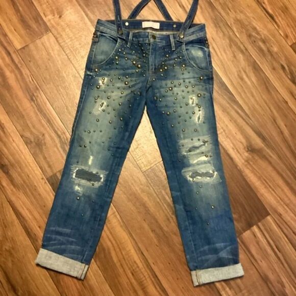 Guess Women’s Y2K Studded Distressed Jeans w Suspenders‎ S23 - Picture 4 of 11